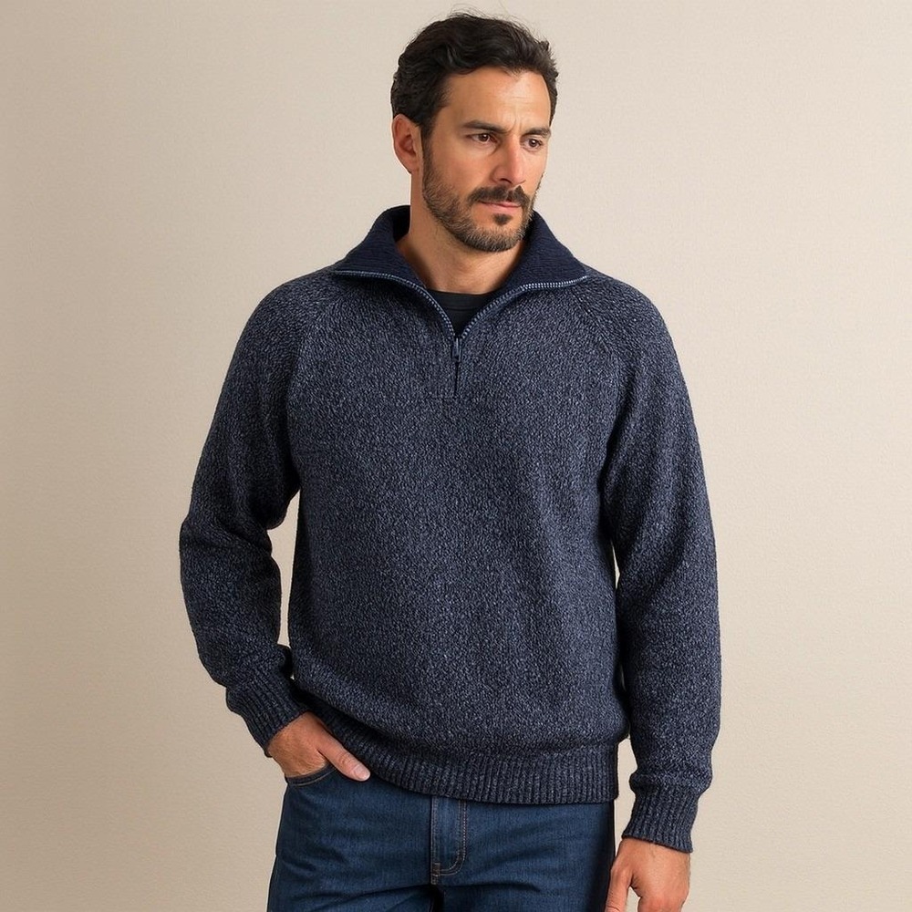 Peruvian Soul Baby Alpaca Sweater Mens L 1/4 Zip Mock Heather Navy Handcrafted
